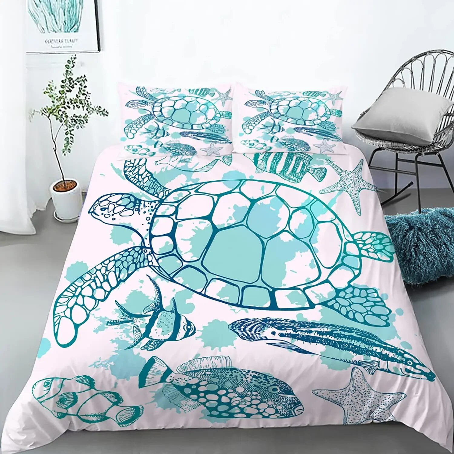 Sea Turtle Duevt Cover Set King Size Ocean Turtle Themed Comforter Cover for Teens Boys and