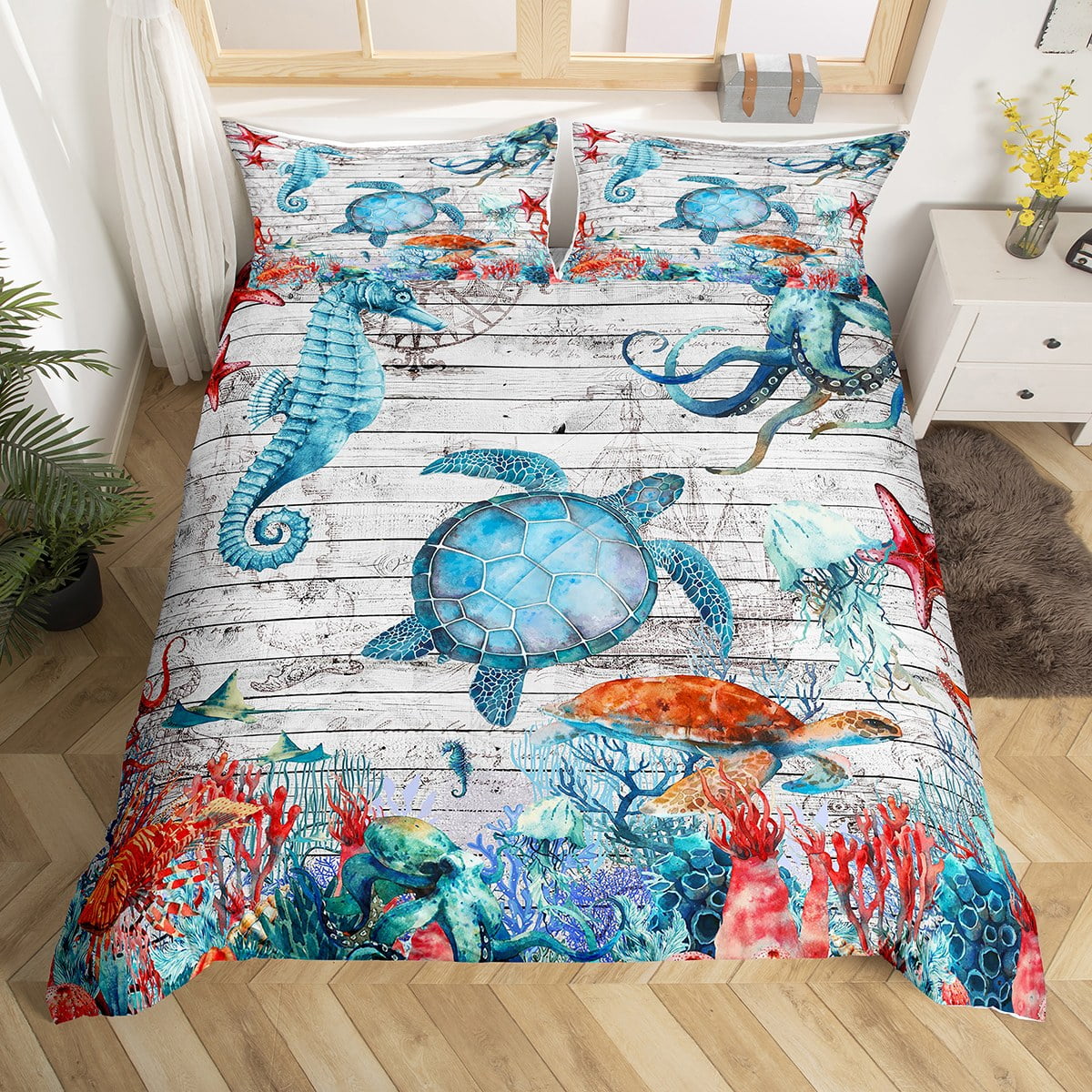 Sea Turtle Duvet Cover Seahorse Octopus Tentacles Twin Bedding Set for