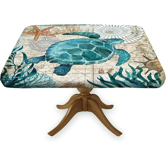 Sea Turtle Elastic Edge Fitted Square Tablecloth, Teal Seaweed Conch Starfish Wipeable Polyester Table Cloth, Great for Outdoor Home Kitchen/Parties/Holiday Dinner, Fit for 36" x 36"Square Table, Blue