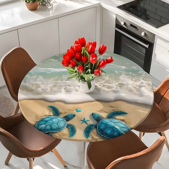 Sea Turtle Elastic Fitted Round Tablecloth Ocean Summer Beach Waterproof Outdoor Table Cover for Holiday Party, Picnic, Patio & Dining Fits Tables Up to 36"-44"