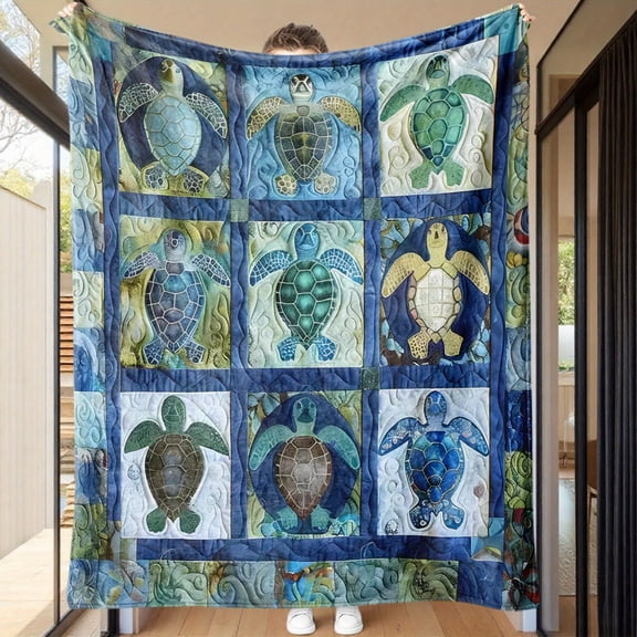 Sea Turtle Enthusiast Throw Blanket - Nautical Patchwork & Sea Turtle Design, Soft Flannel Bedspread/Bed Covering, All-Season Blue/Green/Brown Bedspread for Coastal, Ocean-Themed Decor