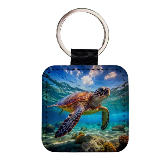 Sea Turtle Faux Leather Square Keychain