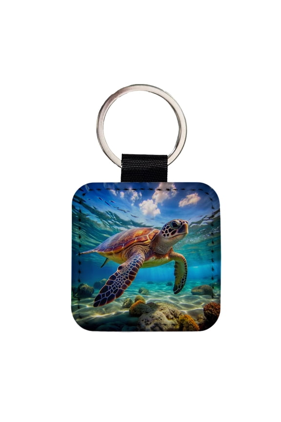 Sea Turtle Faux Leather Square Keychain