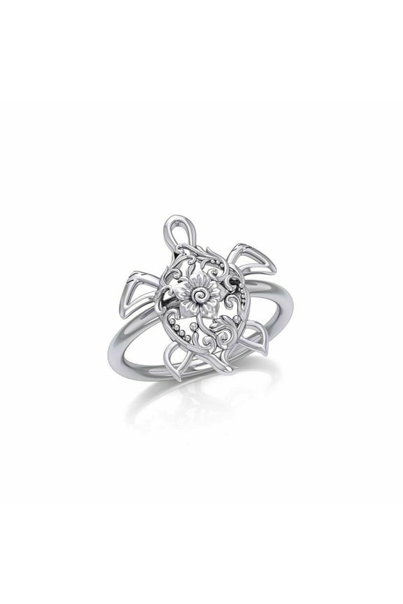 Sea Turtle Filigree Flower Ring 925 Sterling Silver Fine Ocean Totem Jewelry
