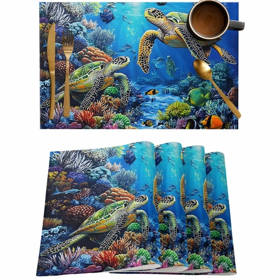 Sea Turtle Fish Coral Placemats Set of 4,Wipeable Washable Table Mats for Dining Tables,Blue Ocean Underwater World Place Mats for Kitchen Event Party Tabletop Decor