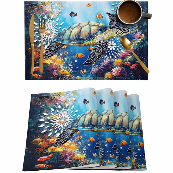 Sea Turtle Fish Coral Placemats Set of 4,Wipeable Washable Table Mats for Dining Tables,Marine Life Underwater World Place Mats for Kitchen Event Party Tabletop Decor