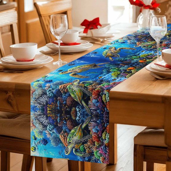 Sea Turtle Fish Coral Table Runner 36 Inches Long,Kitchen Dining Tablerunners Blue Ocean Underwater World Linen Table Runners Dresser Scarves for Home Dinner Wedding Holiday Party Decor