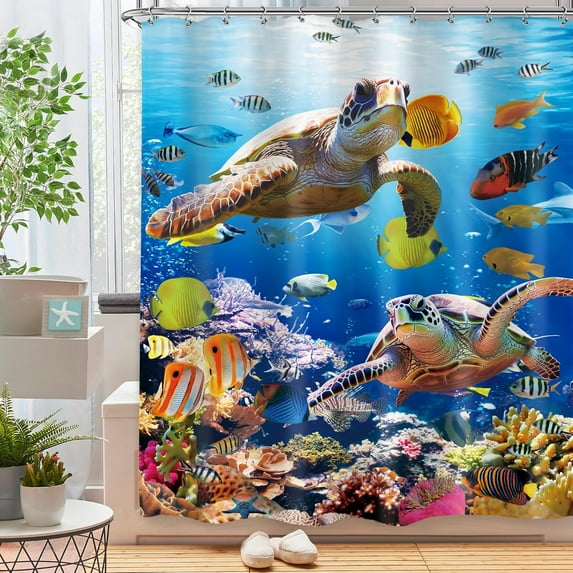 Sea Turtle Fish Shower Curtain 72Wx72H Inch Ocean Nautical Coastal Beach Funny Animals Underwater Colorful Tropical Coral with 12 Plastic Hooks Fabric Waterproof Toilet Accessories Decor