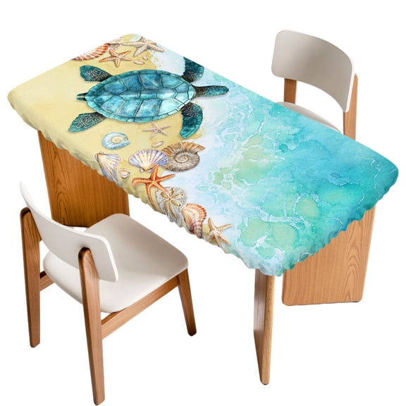 Sea Turtle Fitted Rectangle Tablecloth 24" x 36" Summer Turquoise Ocean Watercolor Shell Conch Elastic Table Cloth Fits for 3 Foot Folding Tables Waterproof Table Cover for Picnic Camping Outdoor