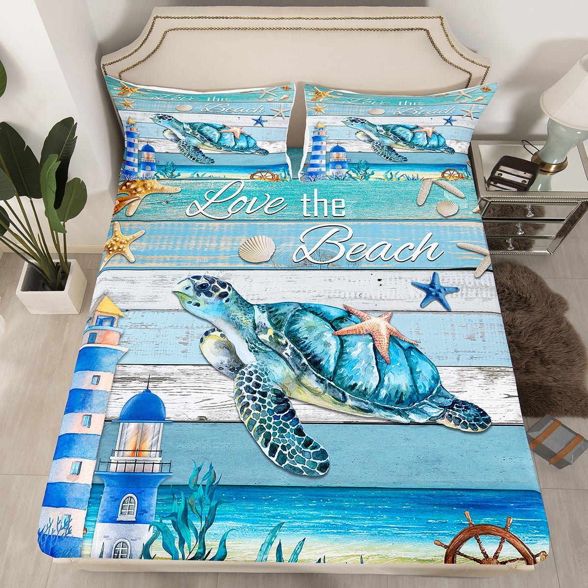 Sea Turtle Fitted Sheet,Summer Ocean Beach Bed Sheets,Sea Lighthouse ...