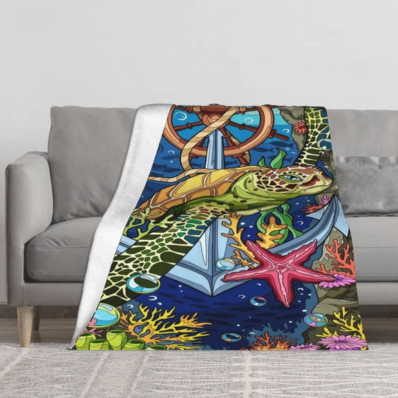 Sea Turtle Flannel Throw Blanket Nautical Anchor Undersea World Soft Cozy 280GSM Plush Blanket for Couch Bed Sofa Vertical Full Print Ocean Theme Starfish Coral Decorative Gift for Kids Adults