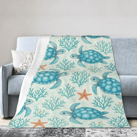 Sea Turtle Fleece Throw Blanket Underwater World Sea Turtle Sea Grass Natural Watercolor Style Plush Sherpa Blanket Cozy Fluffy Blanket Sea Turtle Gifts 50x40