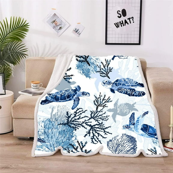Sea Turtle Fleece Throw Blanket Underwater World Sea Turtle Sea Grass Natural Watercolor Style Plush Sherpa Blanket Cozy Fluffy Blanket Sea Turtle Gifts…