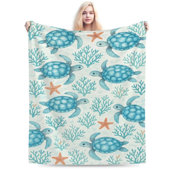 Sea Turtle Fleece Throw Blanket Underwater World Sea Turtle Sea Grass Natural Watercolor Style Plush Sherpa Blanket Cozy Fluffy Blanket Sea Turtle Gifts 50x40