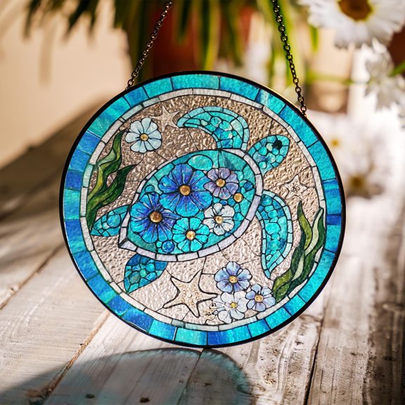 Sea Turtle Floral Glass Suncatcher, Blue Ocean Window Hanging, Coastal Beach Home Decor, 3.5 in