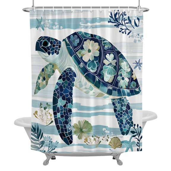Sea Turtle Flower Bathroom Shower Curtain, Floral Starfish Shell Ocean Abstract Waterproof Washable Soft Bath Curtain for Bathtub Decor with 12 Hooks&Grommet, 36x72 Inch