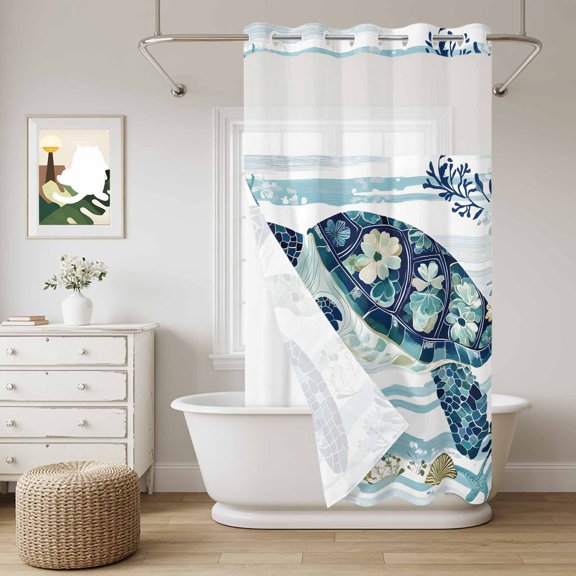 Sea Turtle Flower No Hook Shower Curtain with Snap in Liner, Floral Starfish Shell Waterproof Shower Curtains with See Through Top Window Liner for Bathroom, 36x72 Inches