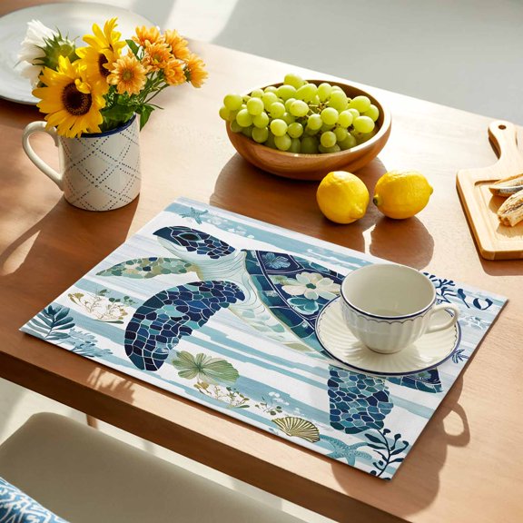 Sea Turtle Flower Placemats Set of 1, Floral Starfish Shell Non-Slip Place Mats Washable Table Mats for Kitchen Dining Table Decorations Indoor/Outdoor