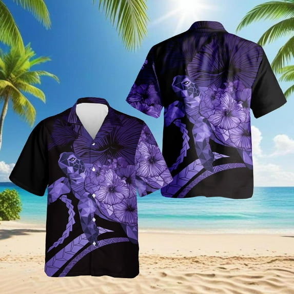 Sea Turtle Flower Purple Hawaiian Shirt for Men, Retro Style, Button Down Summer Beach Short Sleeve, S-5XL