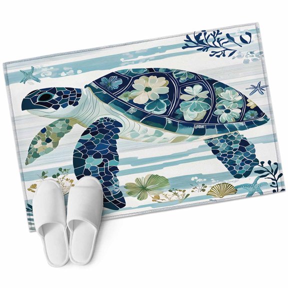 Sea Turtle Flower Rectangle Area Rug 2x3 ft Floral Starfish Shell Ocean Abstract Washable Rugs for Living Room, Non Slip Soft Carpet for Bedroom Entryway Dining Room