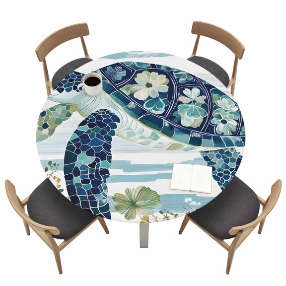 Sea Turtle Flower Round Fitted Tablecloth with Elastic Edge Floral Starfish Shell Table Cover Fit for 36"-44" Tables Waterproof Tablecloths for Dinner Camping Picnic