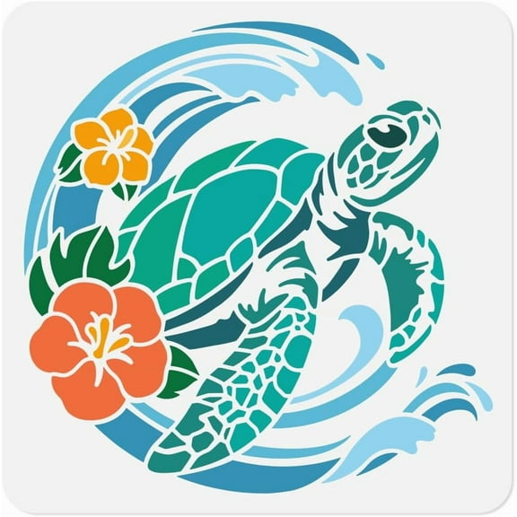 Sea Turtle Flower Stencil for Painting 11.8"x11.8" Reusable Plastic Sea Animal Waves Stencil Drawing Templates DIY Craft Paint Template for Wall Home Decor Wood Burning Card Journal Paper