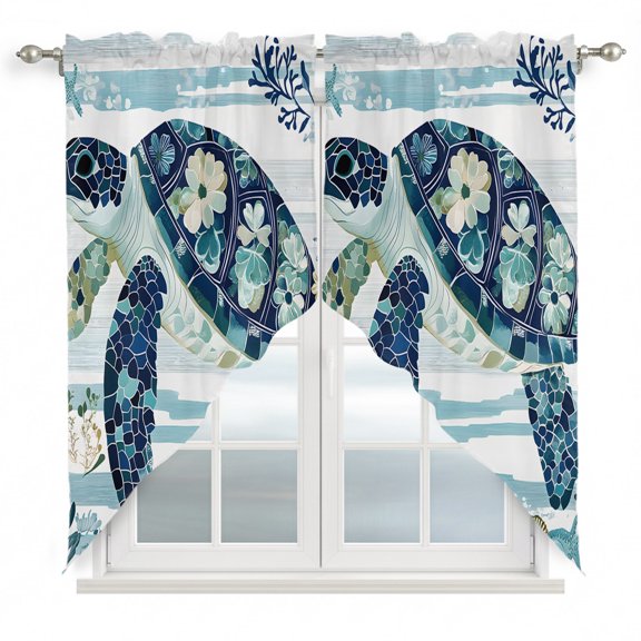 Sea Turtle Flower Swag Curtain Valance for Window 2 Panels Floral Starfish Shell Rod Pocket Small Window Swag Valances for Kitchen Bedroom Bathroom 36" W x 63" L