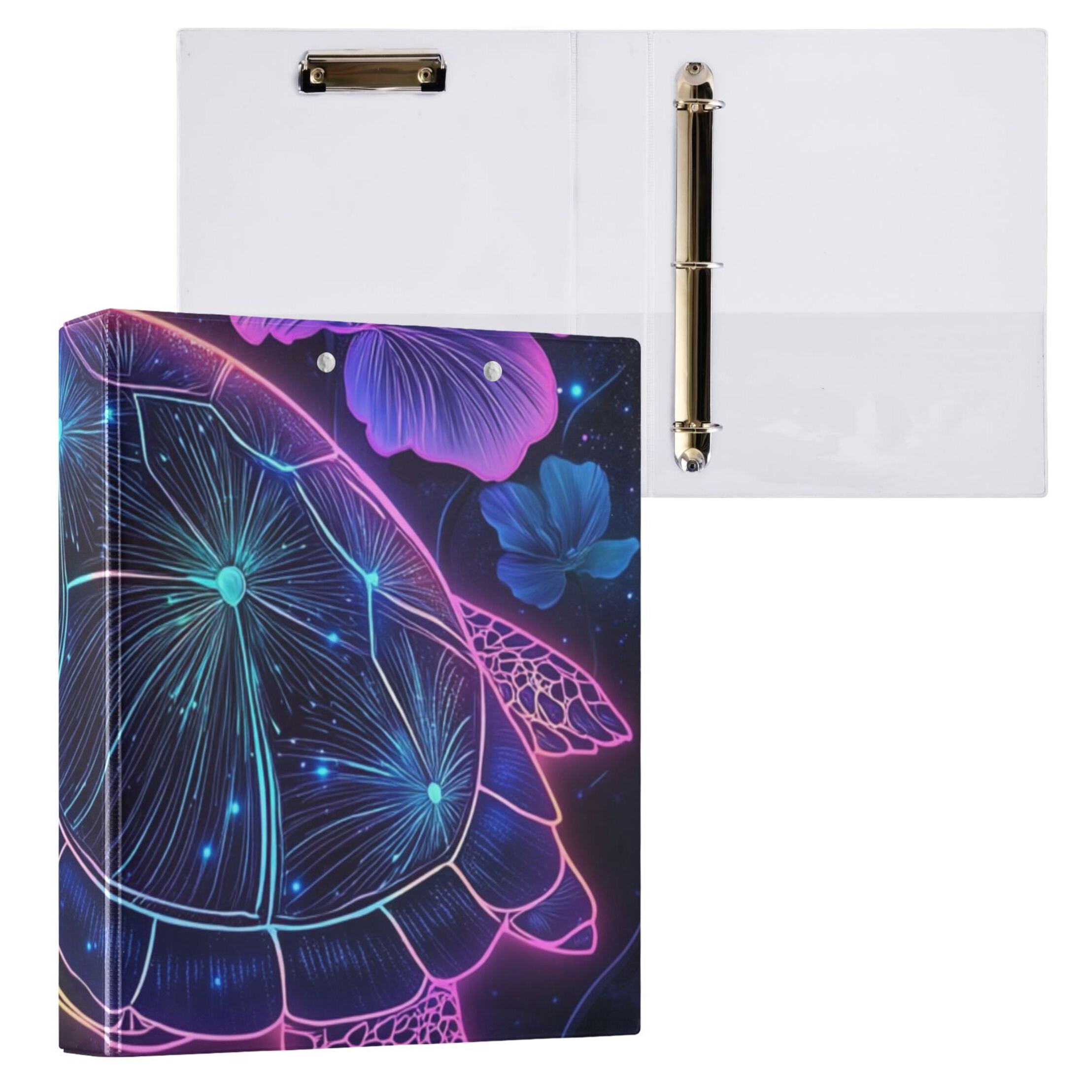 Sea Turtle and Flowers Glowing 3 Ring Binders 1.5 inch Hardcover File Folders with Interior Pockets A4 Size Organizer for School Office Hospital Set of 2