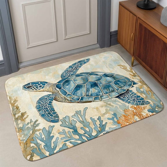 Sea Turtle Front Door Mat Indoor Entrance, Marine Animal Blue Gradient Absorbent Dirt Resist Welcome Mats Non-Slip Low-Profile Doormat Washable Entry Rug Indoor Outdoor 17x30 Inch
