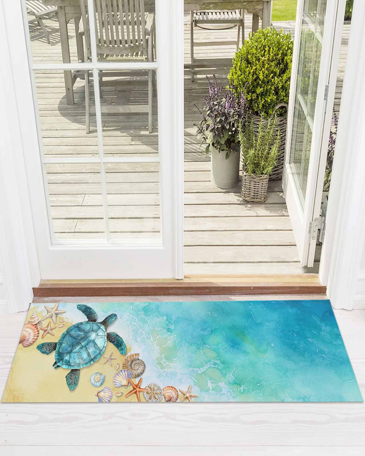 Sea Turtle Front Door Mat Summer Turquoise Ocean Watercolor Shell Conch Welcome Doormat Indoor Outdoor Entrance Floor Mat Non-Slip Washable Runner Rug for Front Porch Decor 20x47 Inch