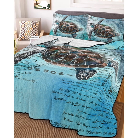 Sea Turtle Full Size Down Alternative Comforter, Lightweight Comforter Quilt Bedding Set with Pillow Shams Blue Coastal Nautical Summer Beach Vintage All Seasons Bed Comforter Duvet Insert 78"x90"