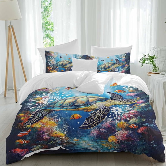 Sea Turtle Full Size Comforter Set, Colorful Fish Coral Ocean World Fantasy Bedding for All Seasons, 4 Pcs Bed Set, 1Quiltcover (86"x86") ,1Sheet(80"x116"), 2Pillowcases (30"x20")