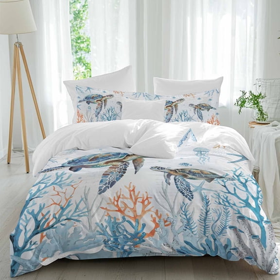 Sea Turtle Full Size Comforter Set, Seagrass Coral Starfish Jellyfish Ocean Retro Bedding for All Seasons, 4 Pcs Bed Set, 1Quiltcover (86"x86") ,1Sheet(80"x116"), 2Pillowcases (30"x20")