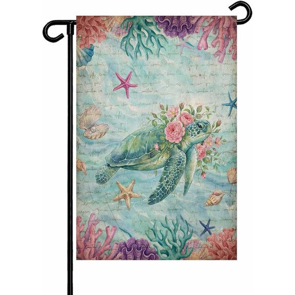 Sea Turtle Garden Flag 12x 18 Double Side, Ocean Animal Coral Starfish Shells Floral Vintage Garden Flags Outside House Flag Banner Welcome Yard Flag for Holiday Party Outdoor Decorations All Seasons