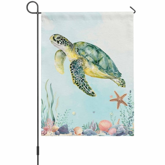 Sea Turtle Garden Flags For Outdoor, Teal Green Starfish Shell Marine Life Small Double Side Yard Flags Weather Proof Garden Decor for Lawn Outside Holiday 12 x 18 Inches