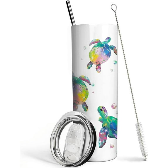Sea Turtle Gifts - 20 Oz Double Wall Vacuum Insulated Stainless Steel Tumbler with Lid and Straw - Watercolor Ocean Turtle Cup, Travel Coffee Mug
