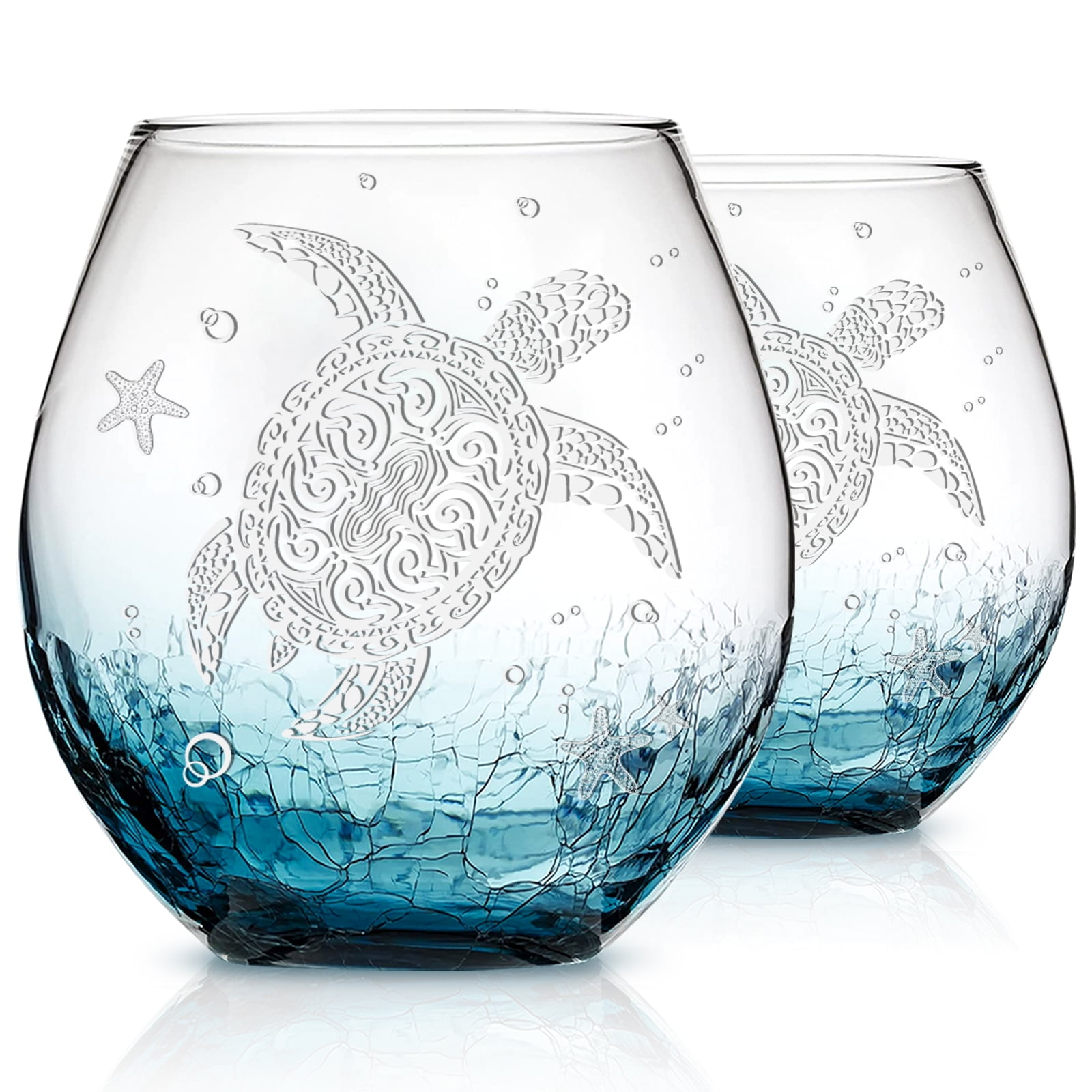 Sea Turtle Gifts for Women-13.5oz Sea Turtle Wine Glass - Crackle teal design turtle wine glass-Hand blown Stemless Wine Glass -Sea turtle lovers Gifts for Birthday,Valentine's Day