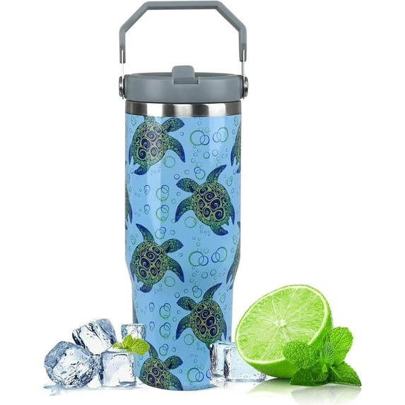 Sea Turtle Gifts for Women 30 oz Sea Turtle Tumbler with Handle Vacuum Reusable Insulated Tumblers with Flip Straw and Top Handle Stainless Steel 30 oz Coffee Mug Sea Turtle Cup Cold for 16 Hours