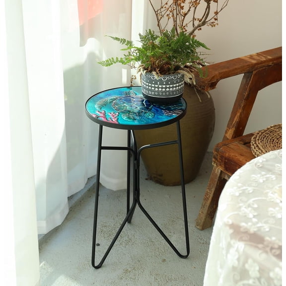 Sea Turtle Glass Side Table Outdoor  Accent Table Round End Table for Balcony Plant Stand Indoor Use