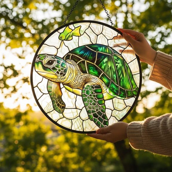 Sea Turtle Glass Suncatcher, Ocean Window Hanging, Coastal Beach Decor for Turtle Lovers, 3.5 in