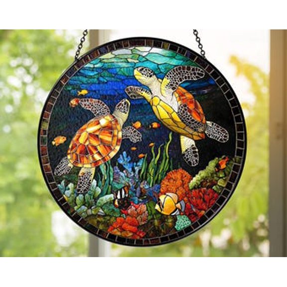 Sea Turtle Glass Suncatcher | Ocean Window Hanging Décor | Handmade Marine Life Gift, 3.5 in