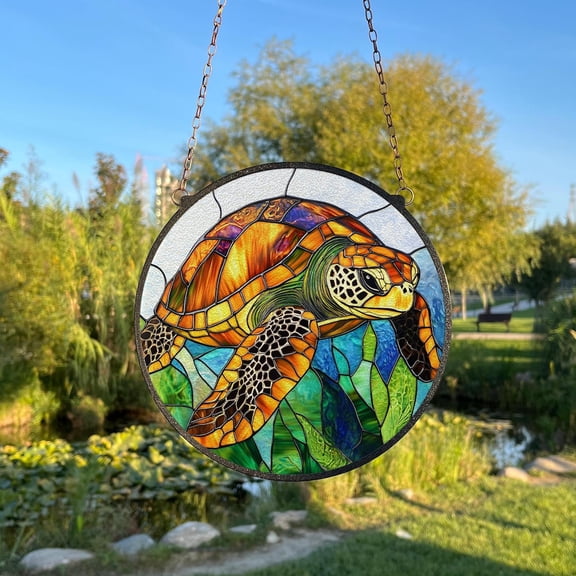 Sea Turtle Glass Suncatcher, Window Hanging Decor Sea Animals Beach House, 3.5 in