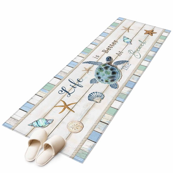 Sea Turtle on Gradient Coastal Wood Grain Non-Slip Non-Shedding Floor Mat, Life Better Beach Washable Sturdy Carpet for Living Room Bedroom Home Decor