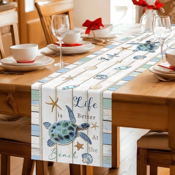 Sea Turtle on Gradient Coastal Wood Grain Table Runner 36 Inches Long,Kitchen Dining Tablerunners Life Better Beach Linen Table Runners Dresser Scarves for Home Dinner Wedding Holiday Party Decor