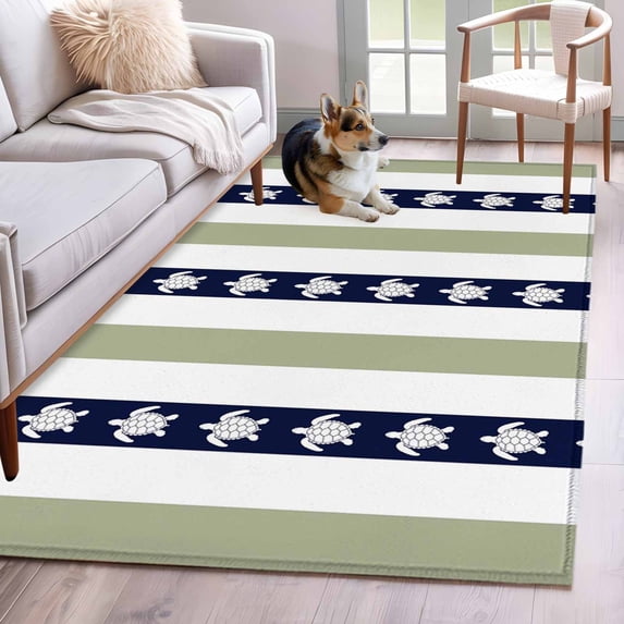 Sea Turtle Green Stripes Washable Area Rugs 2.7'x5', Black White Green Stripe Decor Low Pile Throw Living Room Rug Non-Slip Sturdy Edge Binding Carpet for Indoor Entryway Bedside Kitchen
