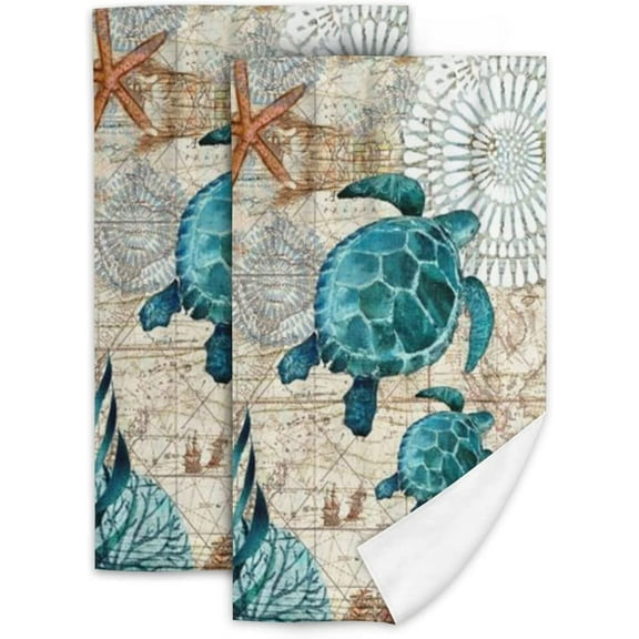 Sea Turtle Hand Towel Set of 2 for Bathroom Kitchen Absorbent Soft Home Face Bath Towels 27.5 X 16 Inches