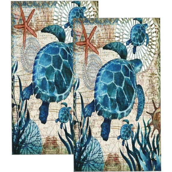 Sea Turtle Hand Towels for Bathroom Set of 2 Vintage Ocean Beach Theme Bathroom Hand Towel Ultra Soft Absorbent Small Bath Towels Kitchen Dish Guest Towel for Hotel,Spa,Gym,Home Decor 15.7"x27.5" Teal