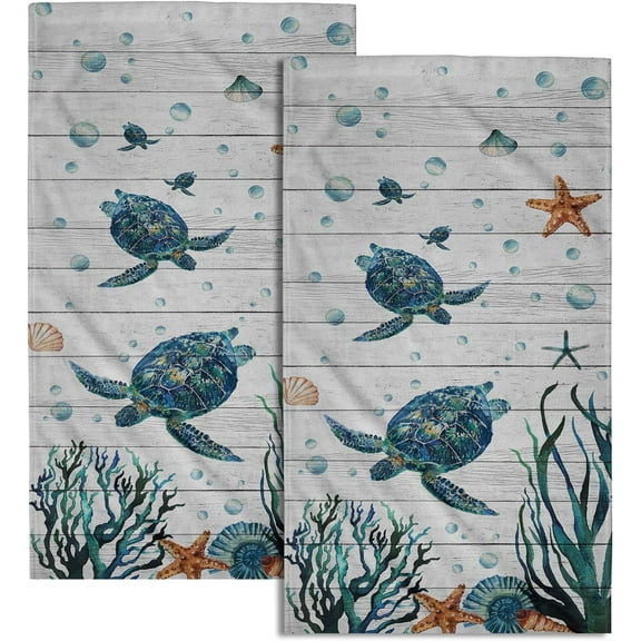 Sea Turtle Hand Towels Set of 2 Tropical Ocean Guest Bath Towel Soft Fingertip Kitchen Dish Towel Gym Spa Home Bathroom Decorations