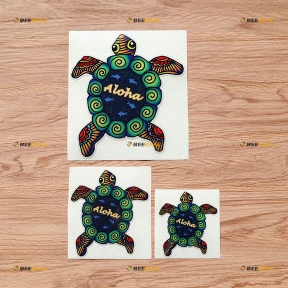Sea Turtle Hawaii Aloha Colorful Green Swirl Vinyl Decal Sticker - 3 Pack Reflective, 3 Inches, 4 Inches, 6 Inches - for Car Boat Laptop Cup Phone 08270