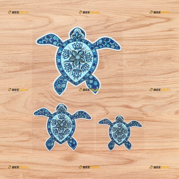 Sea Turtle Hawaii Hawaiian Aloha Vinyl Decal Sticker - 3 Pack Reflective, 3 Inches, 4 Inches, 6 Inches - Graphic Tribal Blue Lace for Car Laptop Window Phone